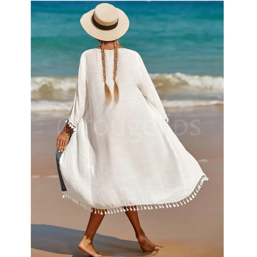 White Kimono Beach Coverup Tassel Trim Long - Picture 4 of 9